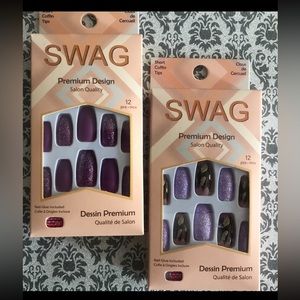 2 Packages of Short Coffin False Nails (New!) in Purple Sparkles colours